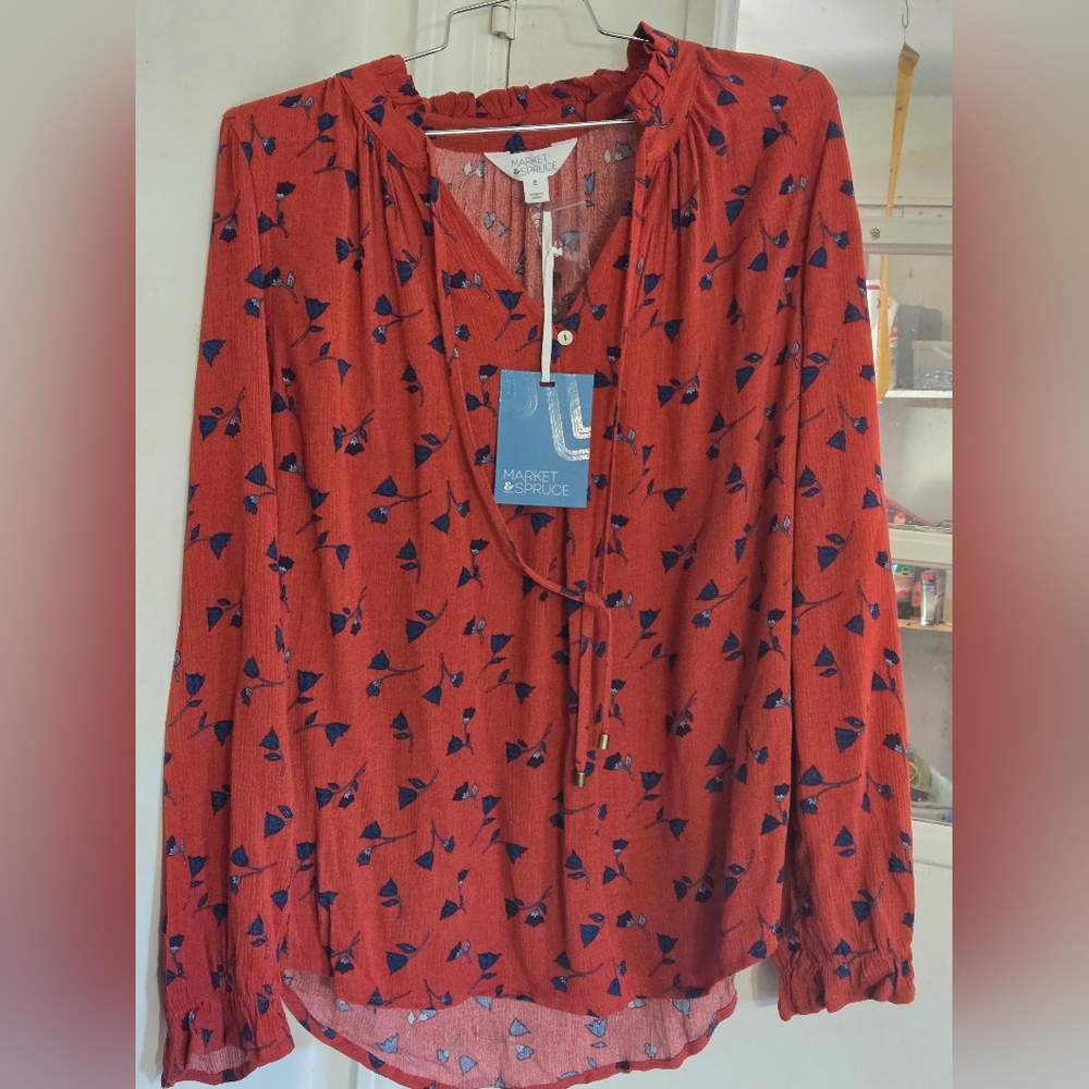 Market & Spruce Blouse Womens Size M Ava Tie Neck Long Sleeve Top Gauze Floral